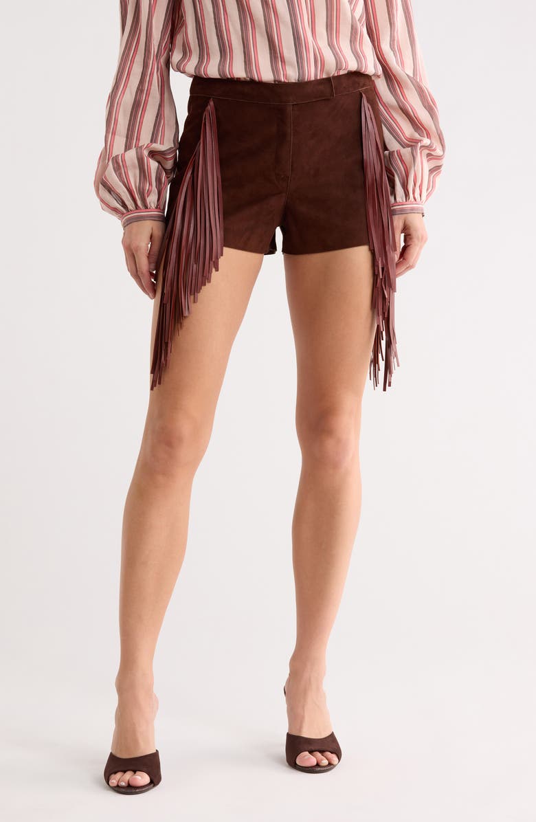 Longchamp Fringed Lambskin Leather Shorts, Main, color, Ebony