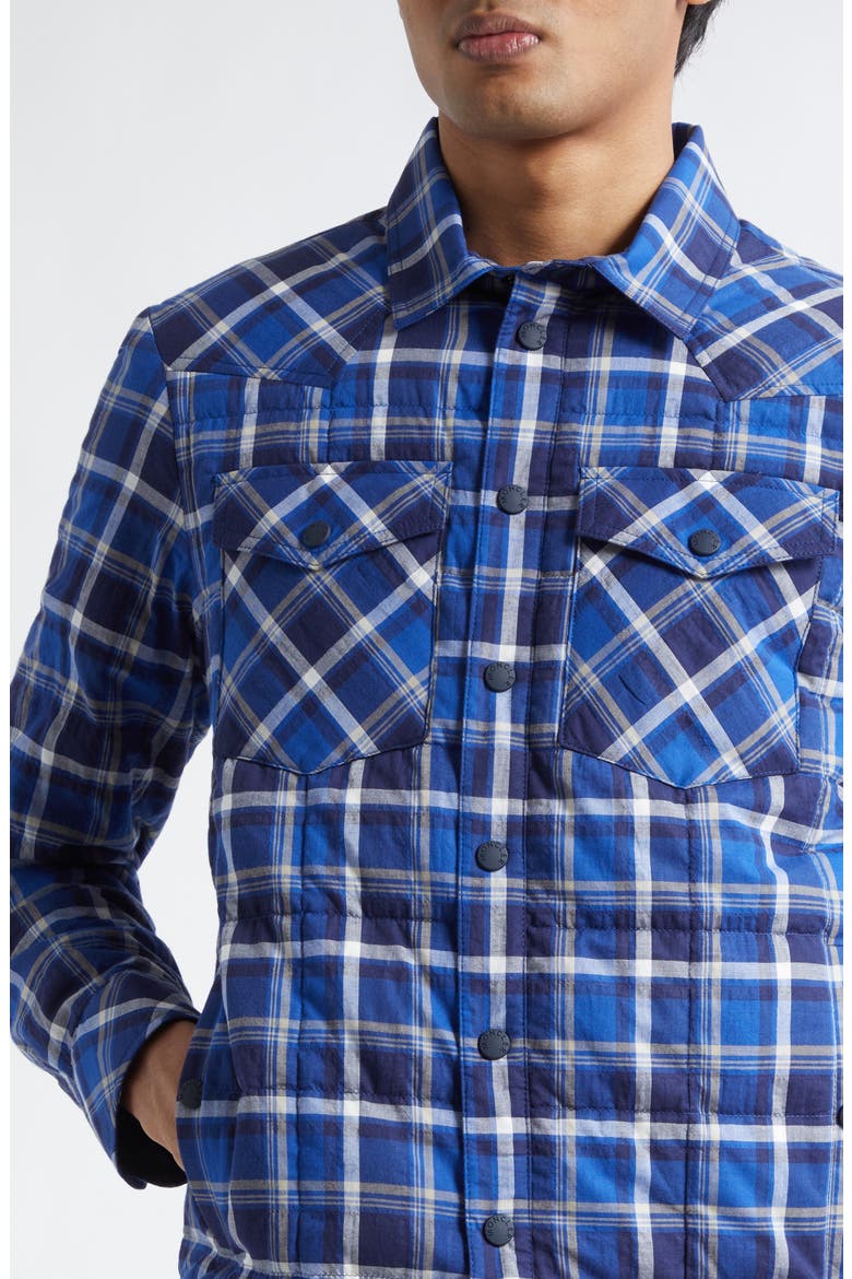 Gelt Plaid Stretch Cotton Puffer Down Shirt Jacket, Alternate, color, NAVY CHECK