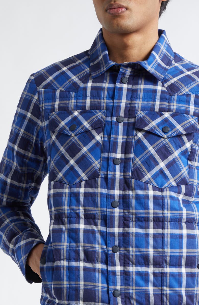 Moncler Grenoble Gelt Plaid Stretch Cotton Puffer Down Shirt Jacket, Alternate, color, Navy Check