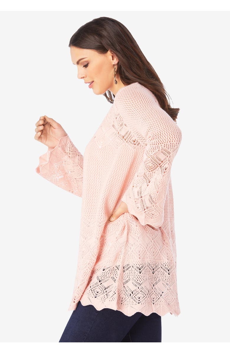 Roaman's Bell Sleeve Pointelle Cardigan, Alternate, color, Black