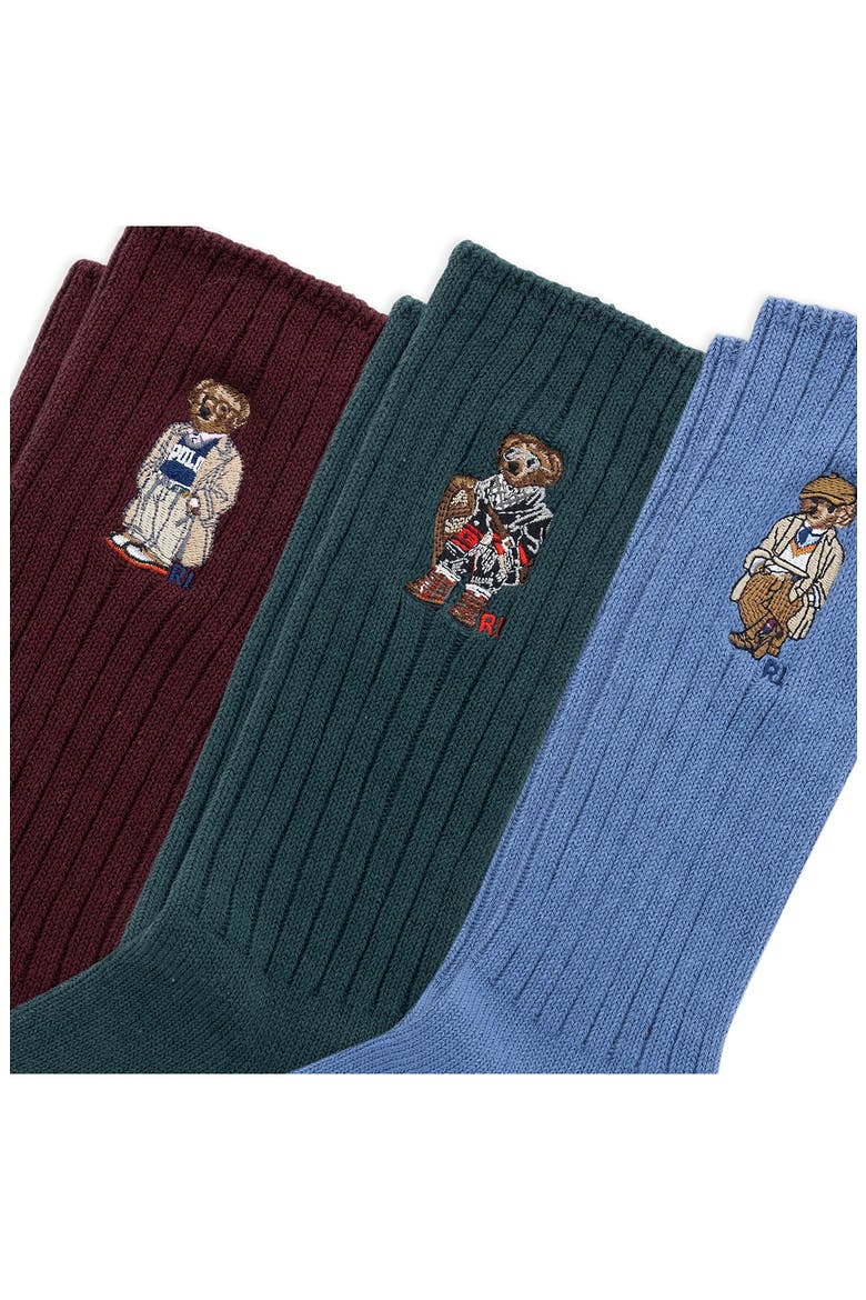 Embroidered Bears Assorted 3-Pack Cotton Blend Crew Socks Gift Box, Alternate, color, WINE/ GREEN/ BLUE ASSORTED