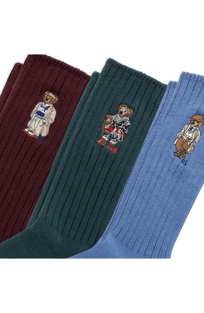 Polo Ralph Lauren Embroidered Bears Assorted 3-Pack Cotton Blend Crew Socks Gift Box, Alternate, color, Wine/ Green/ Blue Assorted