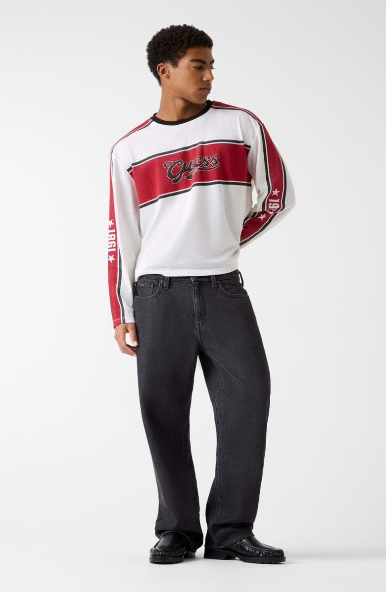 GUESS JEANS Boxy Fit Long Sleeve Logo Stripe Mesh T-Shirt, Alternate, color, White
