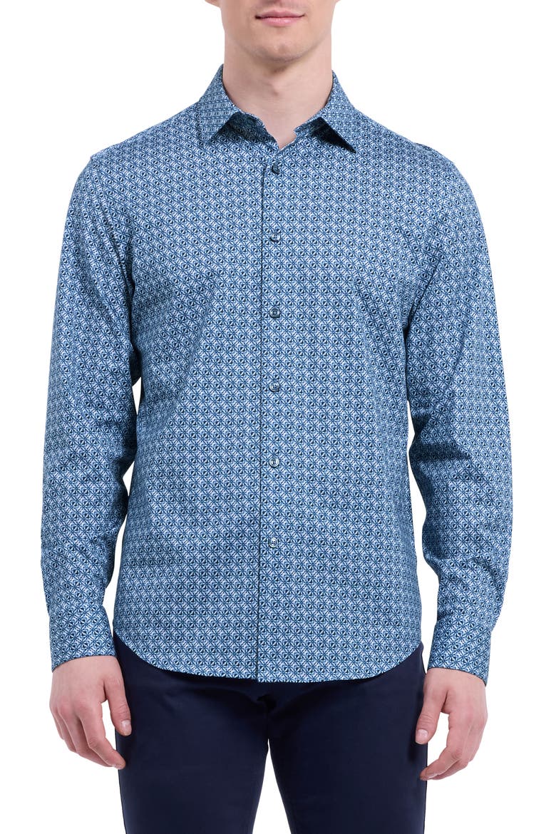 James OoohCotton® Floral Tile Print Button-Up Shirt, Main, color, NAVY