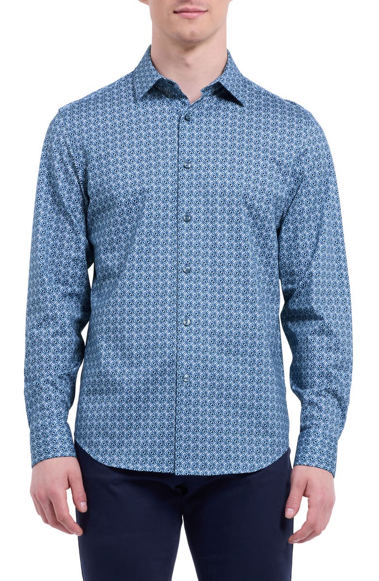 Bugatchi James OoohCotton<sup>®</sup> Floral Tile Print Button-Up Shirt, Main, color, Navy