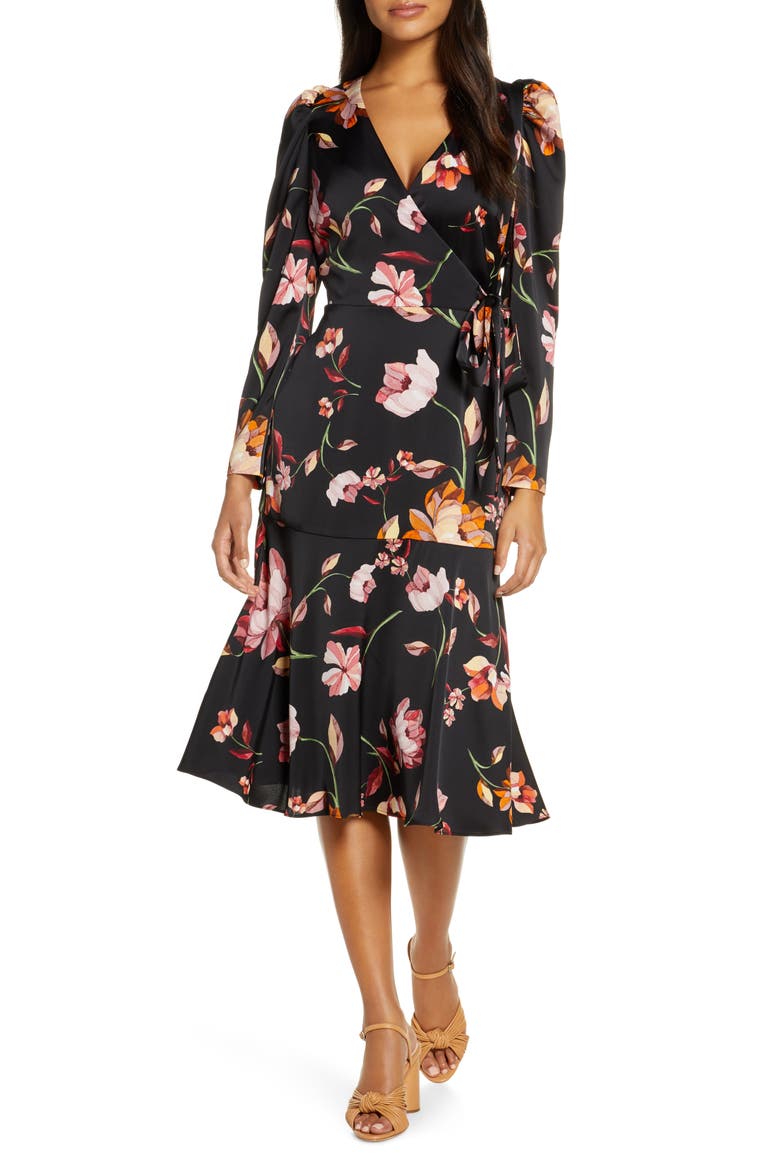 Long Sleeve Faux Wrap Dress, Main, color, BLK/CARLET