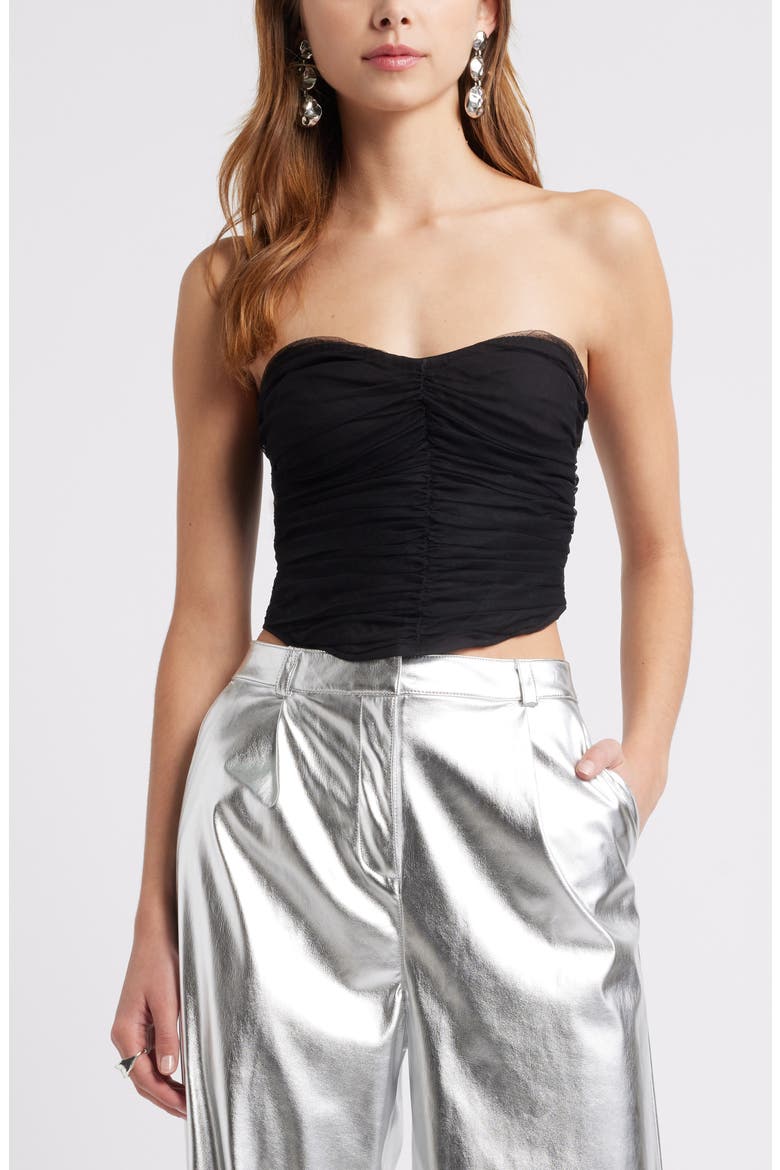 Tulle Ruched Strapless Bustier Top, Main, color, BLACK JET