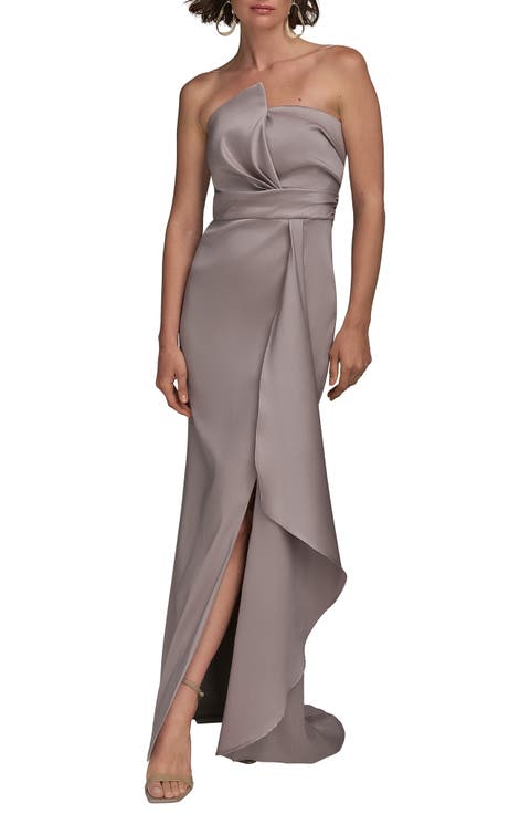 Asymmetric Strapless Satin Gown