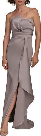 Asymmetric Strapless Satin Gown