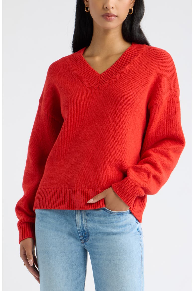 Relaxed V-Neck Sweater, Main, color, RED RUSH