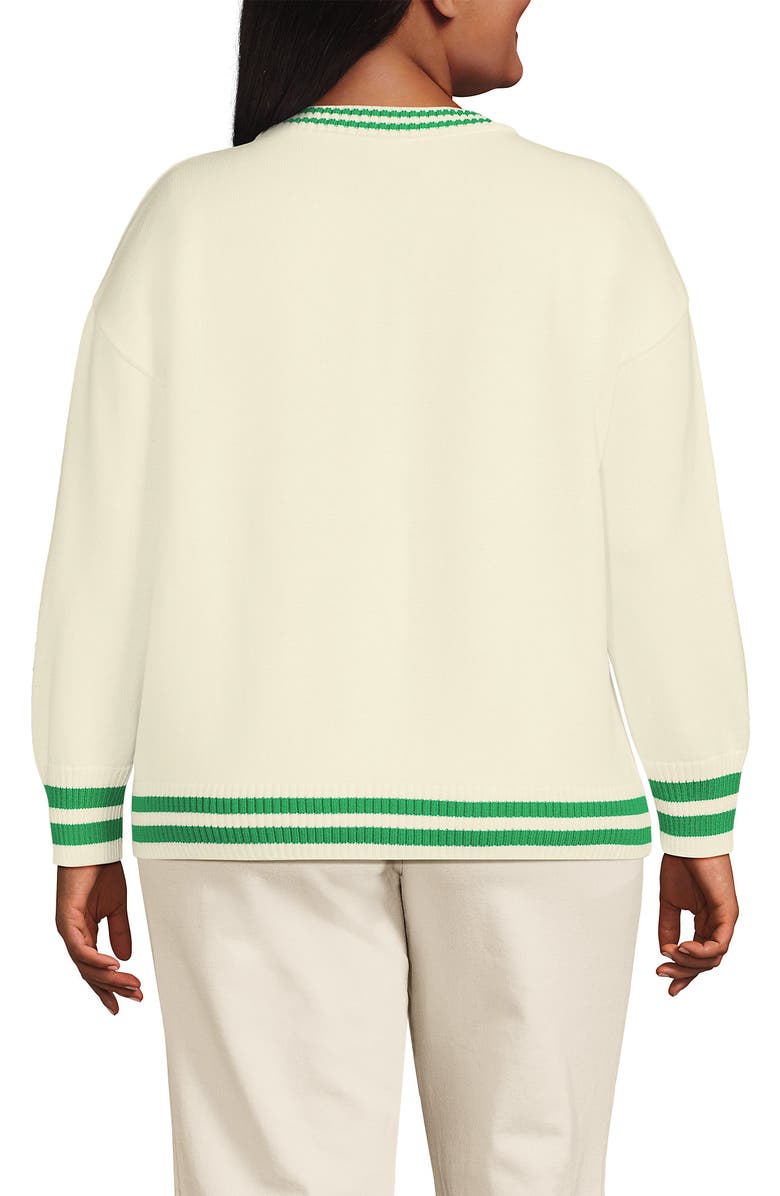 Lands' End Cotton Drifter Shaker V-neck Sweater, Alternate, color, Fresh Ivory/Clover Tip