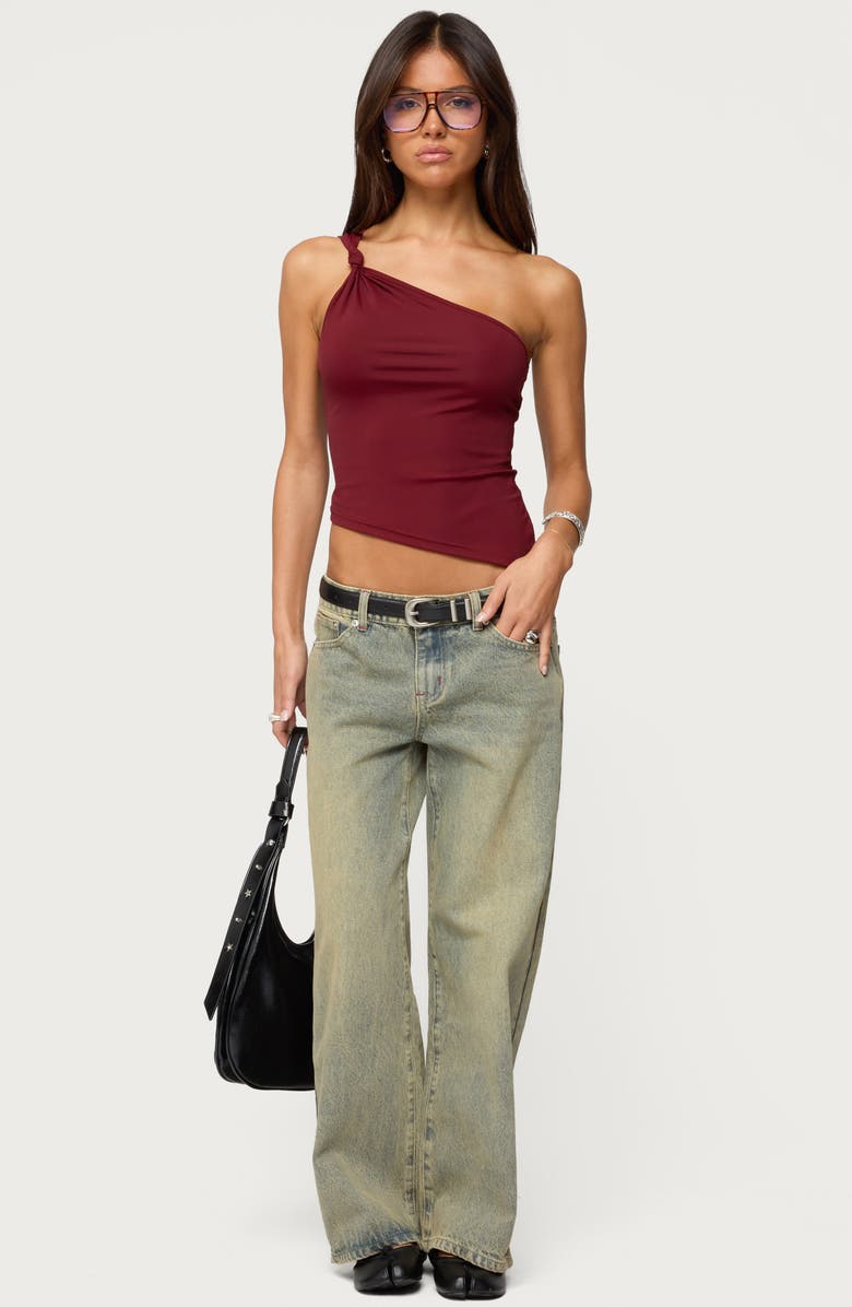 EDIKTED Knotted One-Shoulder Asymmetric Crop Top, Alternate, color, Burgundy