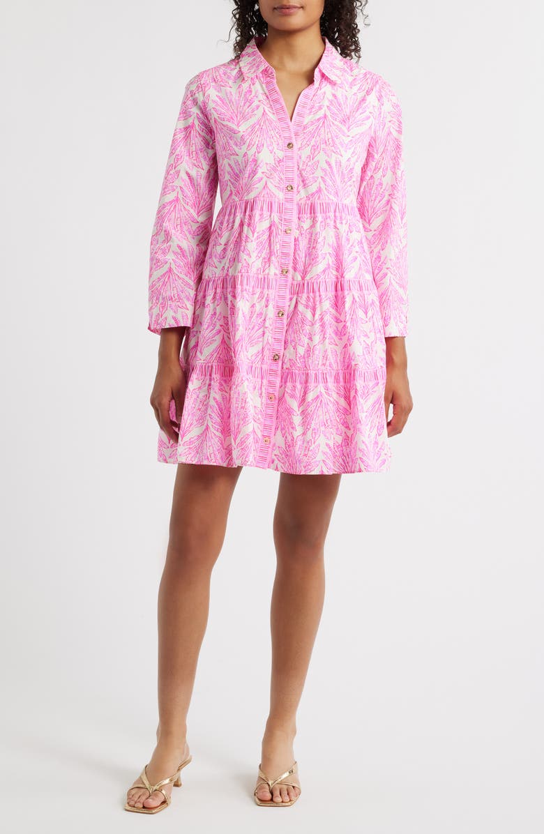 Lilly Pulitzer<sup>®</sup> Angie Tiered Long Sleeve Cotton Swing Shirtdress, Main, color, Pink Bliss Shady Babe