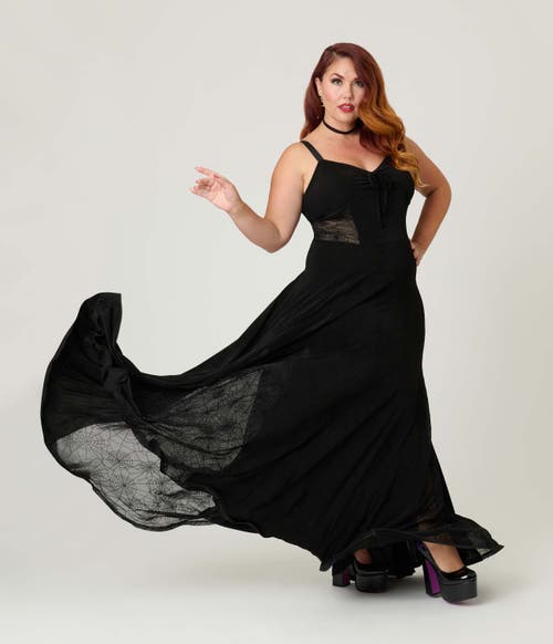 Unique Vintage Plus Size Sheer Spiderweb Godet Maxi Dress In Black