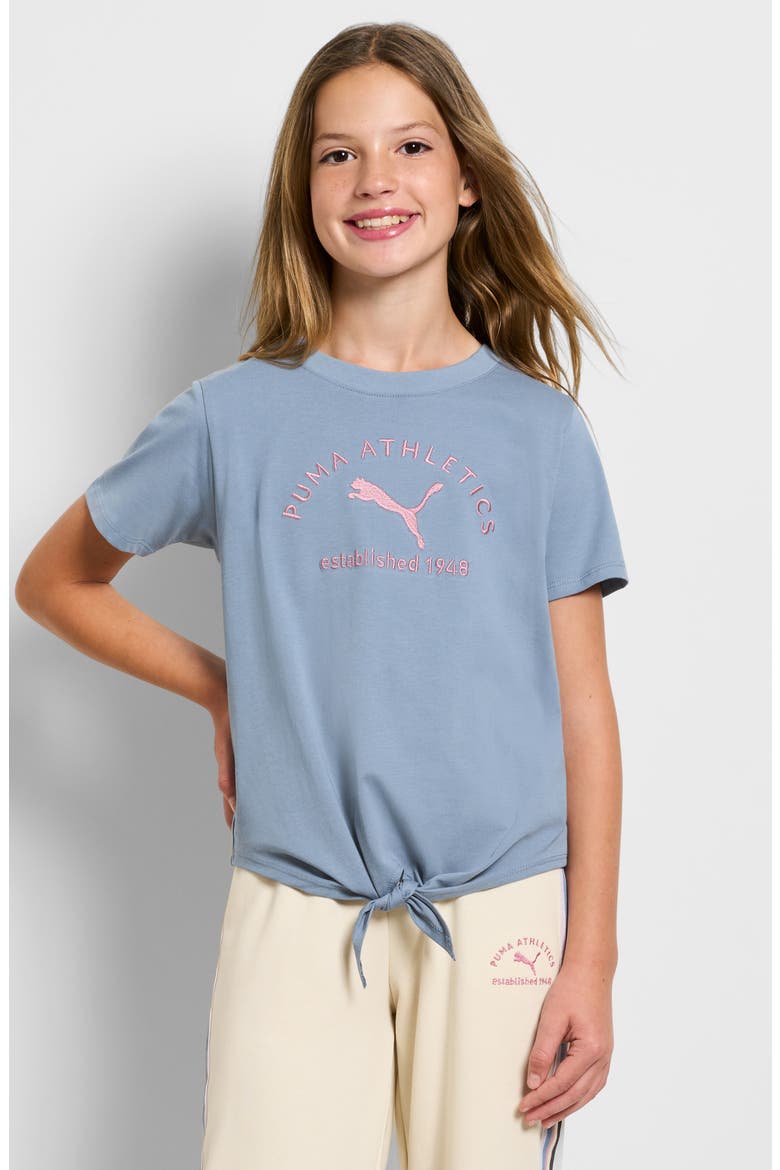 Kids' Embroidered Tie Hem T-Shirt, Alternate, color, SKY/ PEWTER
