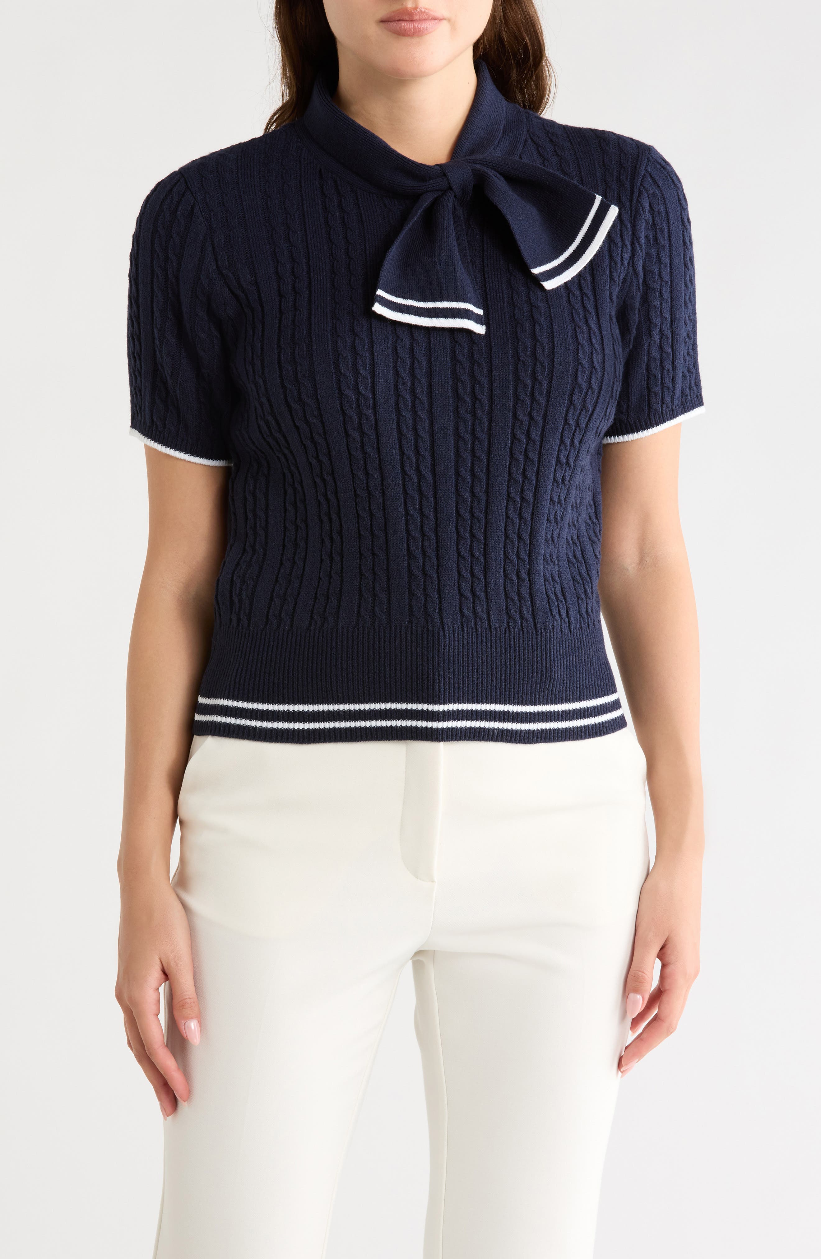 Nanette Lepore Tie Neck Short Sleeve Cable Knit Sweater