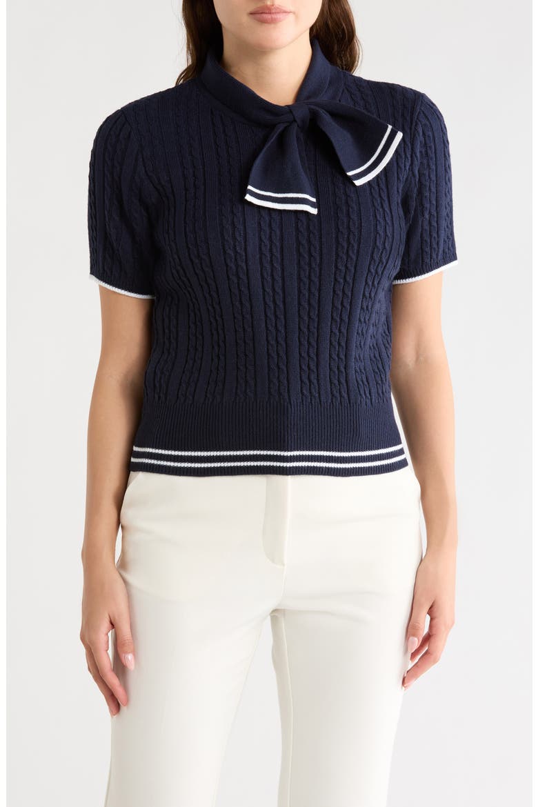Tie Neck Short Sleeve Cable Knit Sweater, Main, color, NAVY