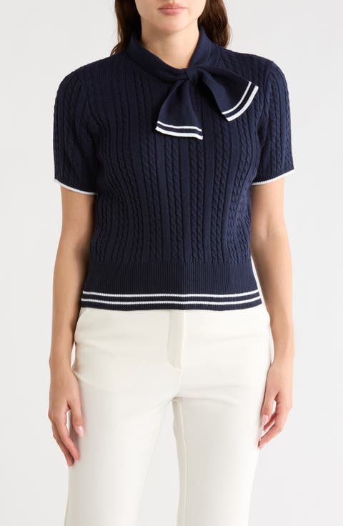 Tie Neck Short Sleeve Cable Knit Sweater