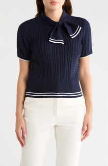 Nanette Lepore Tie Neck Short Sleeve Cable Knit Sweater