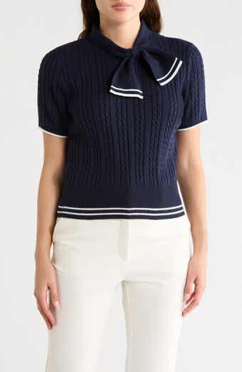 Tie Neck Short Sleeve Cable Knit Sweater