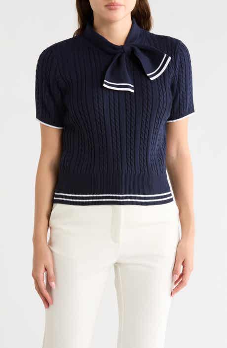 Nanette Lepore Tie Neck Short Sleeve Cable Knit Sweater