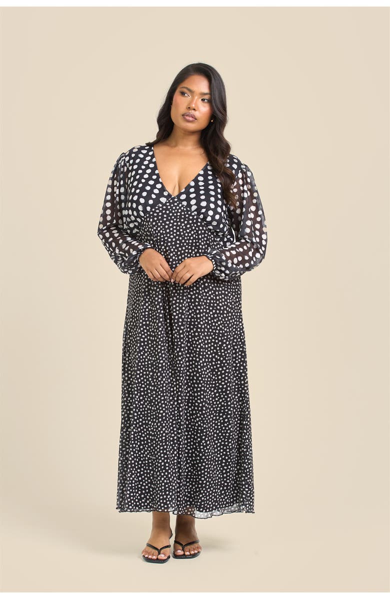 FASHION-SZN CURVE Long Sleeved Polka Dot Midi Dress, Alternate, color, Black