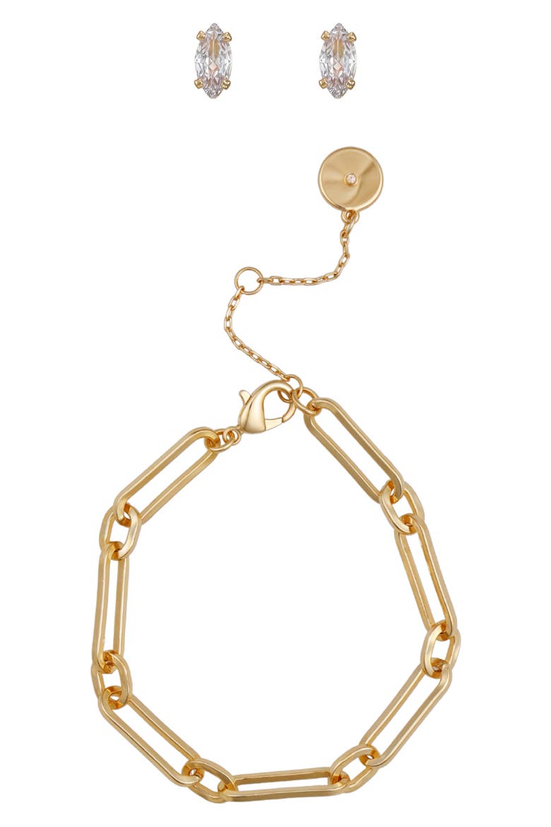 Paperclip Chain Bracelet & Cubic Zirconia Stud Earrings Gift Set, Main, color, GOLD
