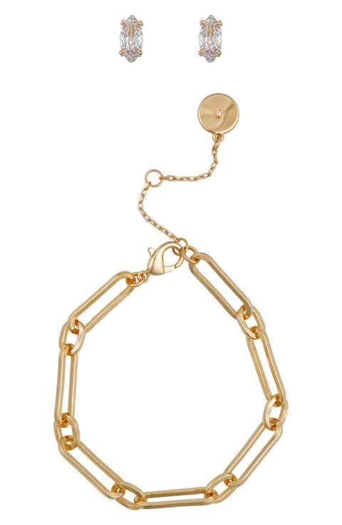 Paperclip Chain Bracelet & Cubic Zirconia Stud Earrings Gift Set