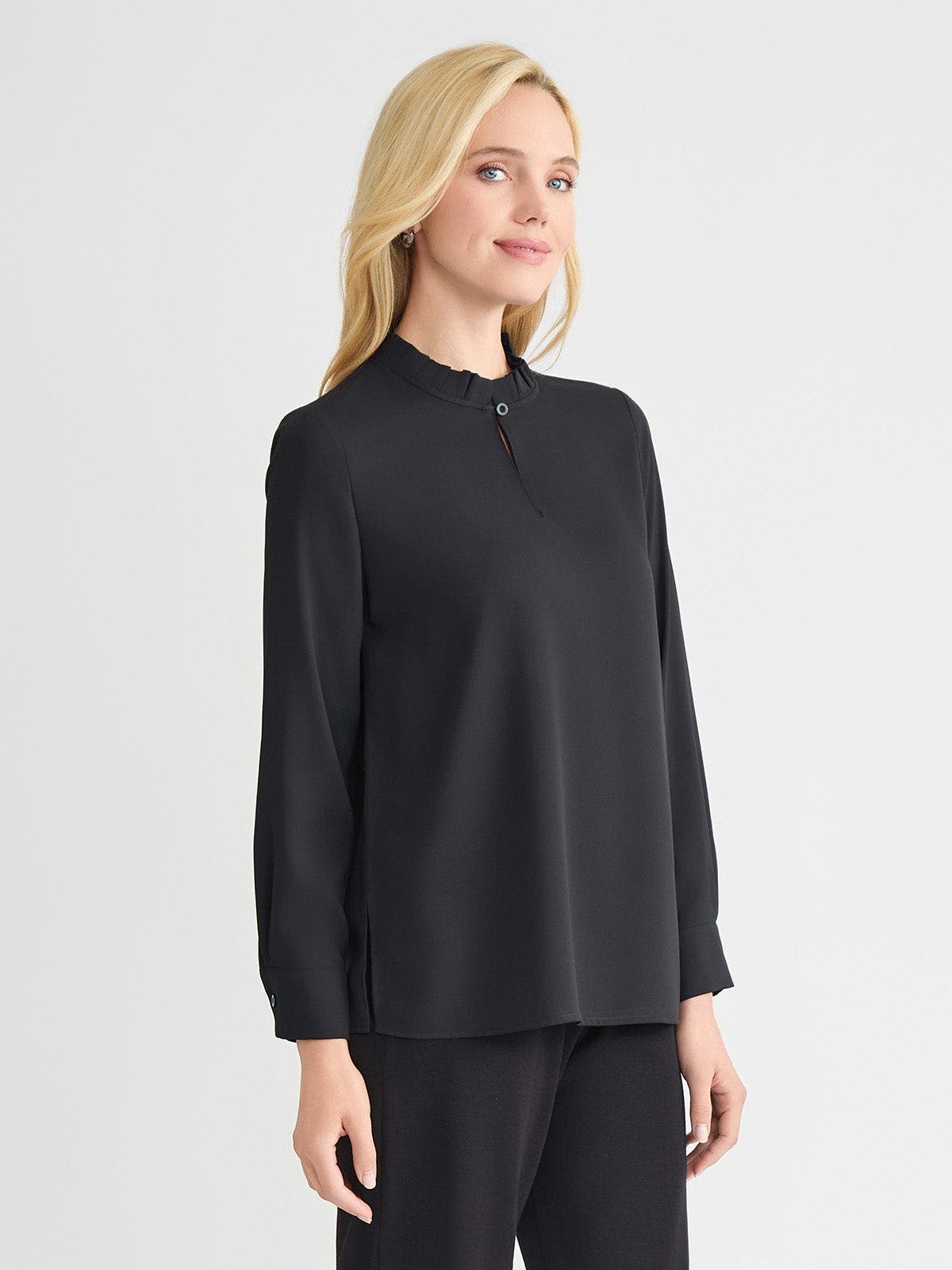 Ruffle Neck Keyhole Crepe de Chine Blouse - image 2