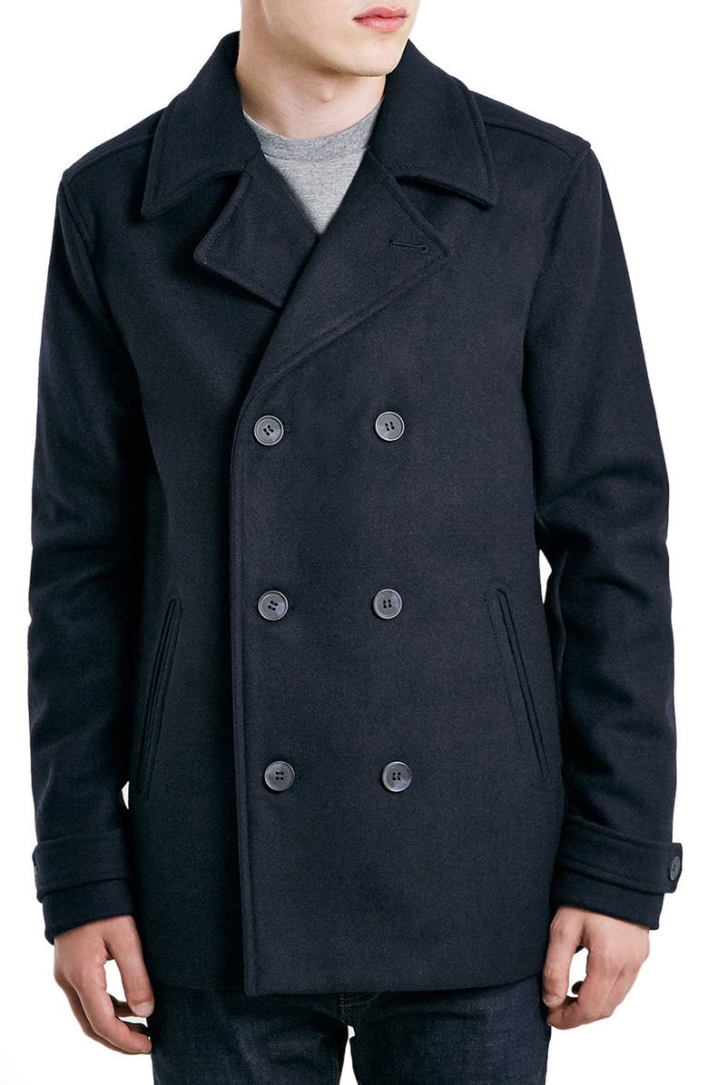 Topman Slim Fit Navy Double Breasted Peacoat, Main, color, 