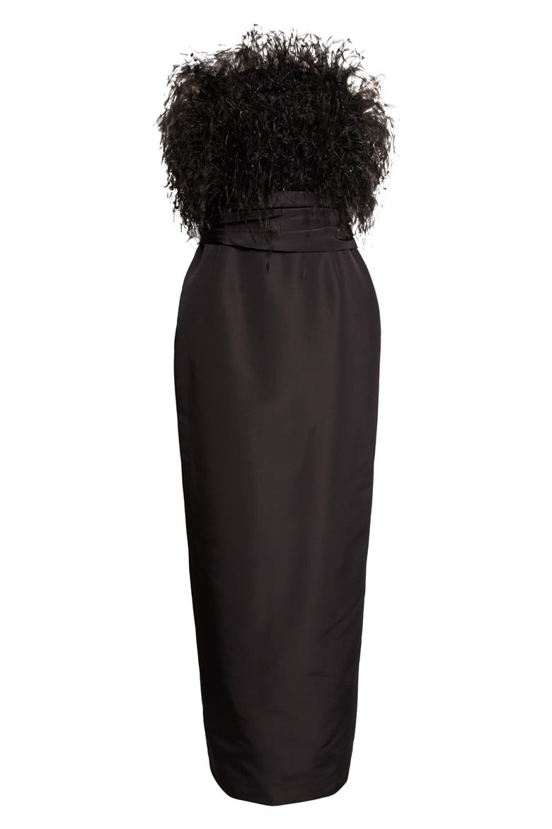 Feather Embroidered Point d'Esprit Strapless Silk Faille Gown, Alternate, color, BLACK