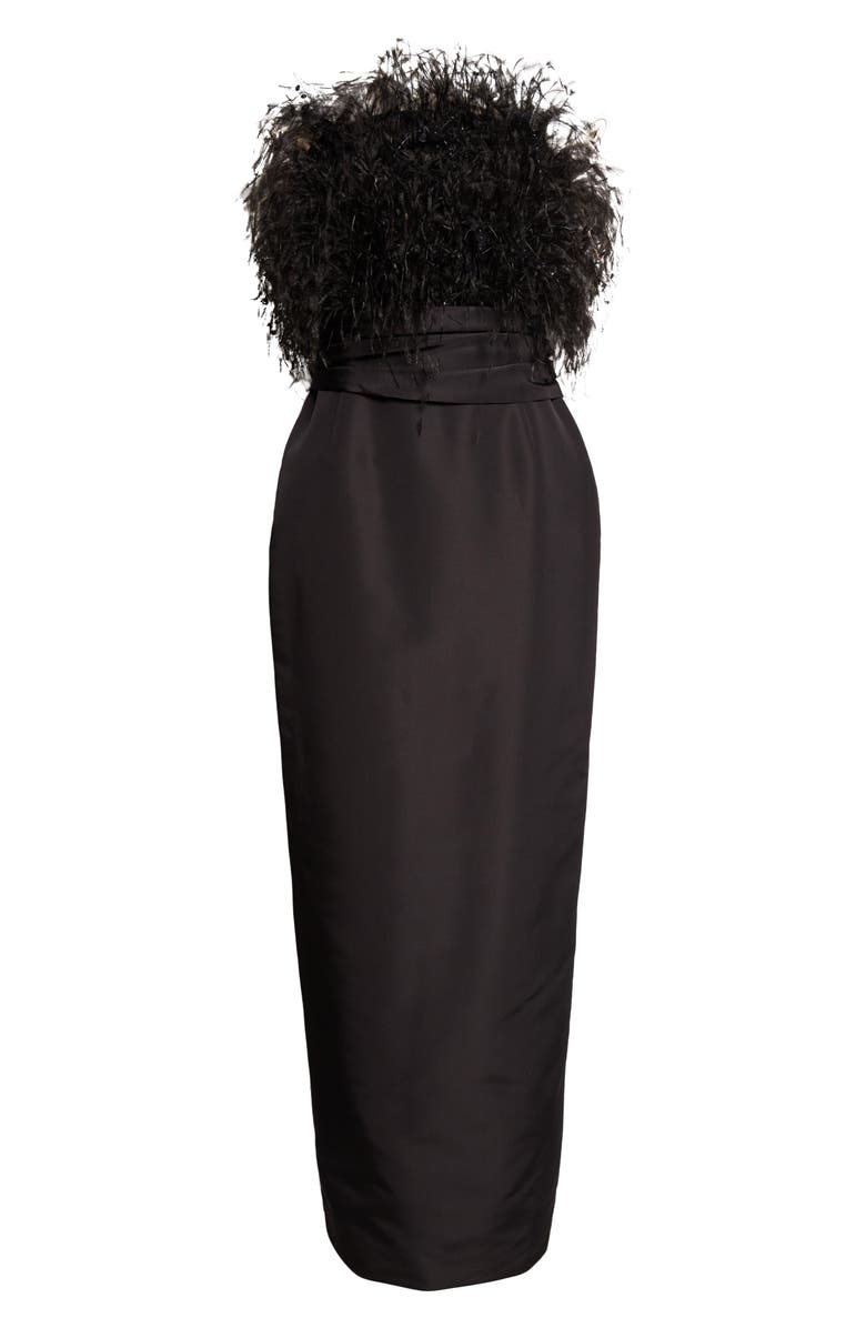 Oscar de la Renta Feather Embroidered Point d'Esprit Strapless Silk Faille Gown, Alternate, color, Black