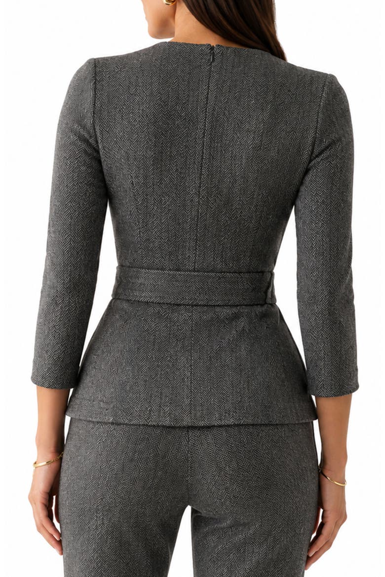 Stef Belted Three-Quarter Sleeve Top, Alternate, color, BW HERRINGBONE