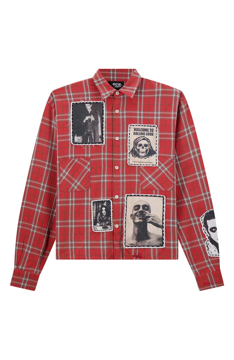 Rolling Loud Anarchy Plaid Cotton Flannel Button-Up Shirt Jacket, Alternate, color, Red