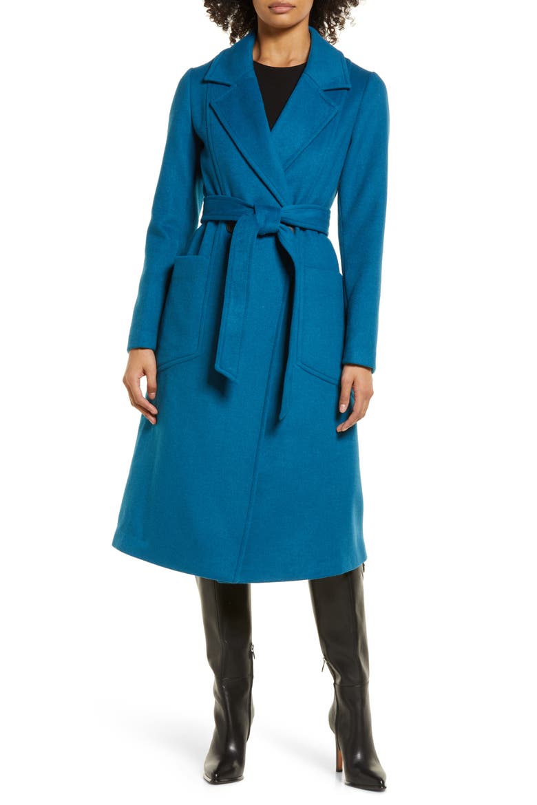Belted Wool Blend Coat, Main, color, TEAL SAPPHIRE
