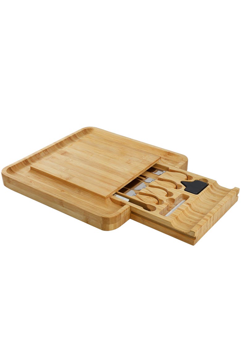 Wood Charcuterie Cheese Board with Slide Out Drawer with Cheese Utensils, Bottle Opener, and 3 Piece Mini Chalkboard Set, Alternate, color, Bamboo