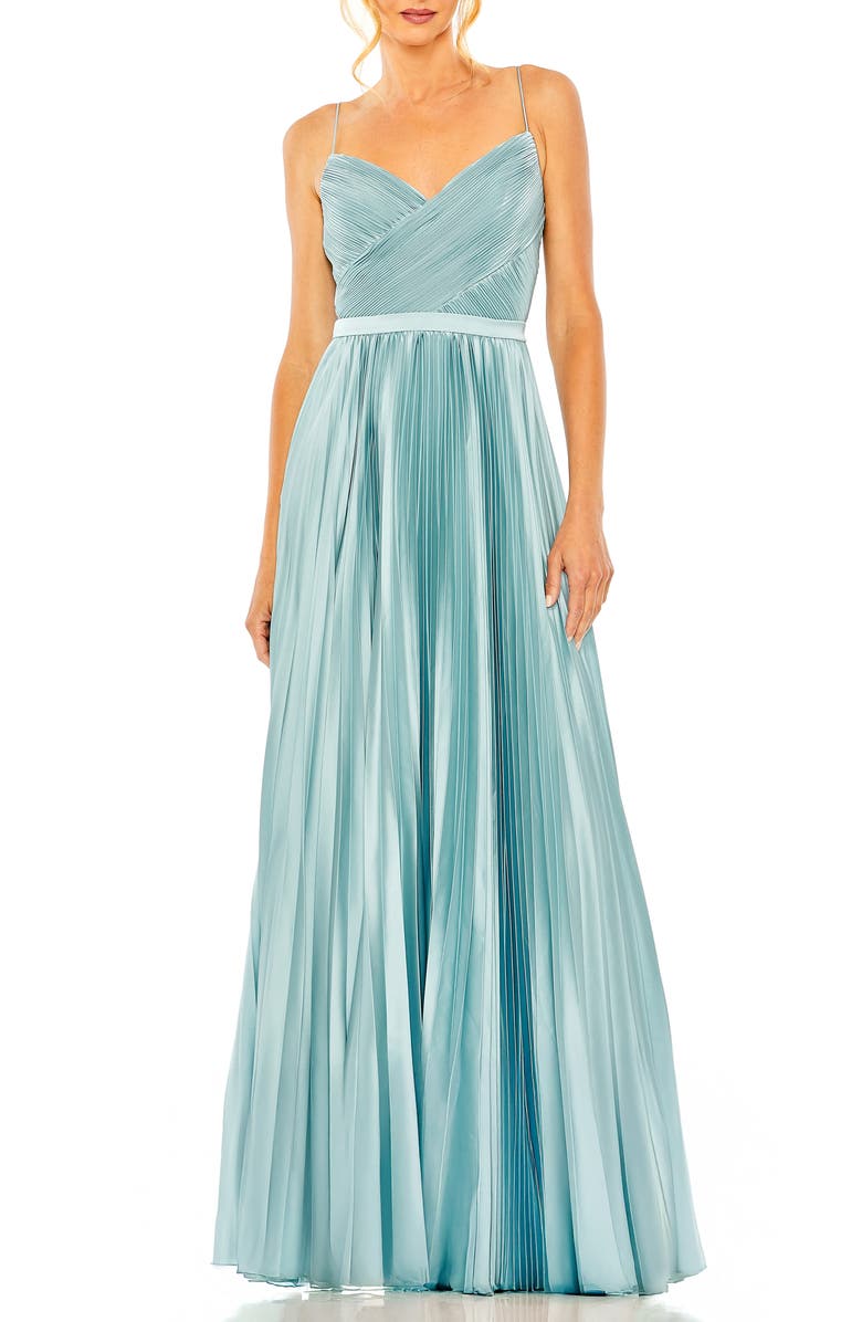 Mac Duggal Pleated Satin Charmeuse Dress with Surplice Neckline, Main, color, French Blue