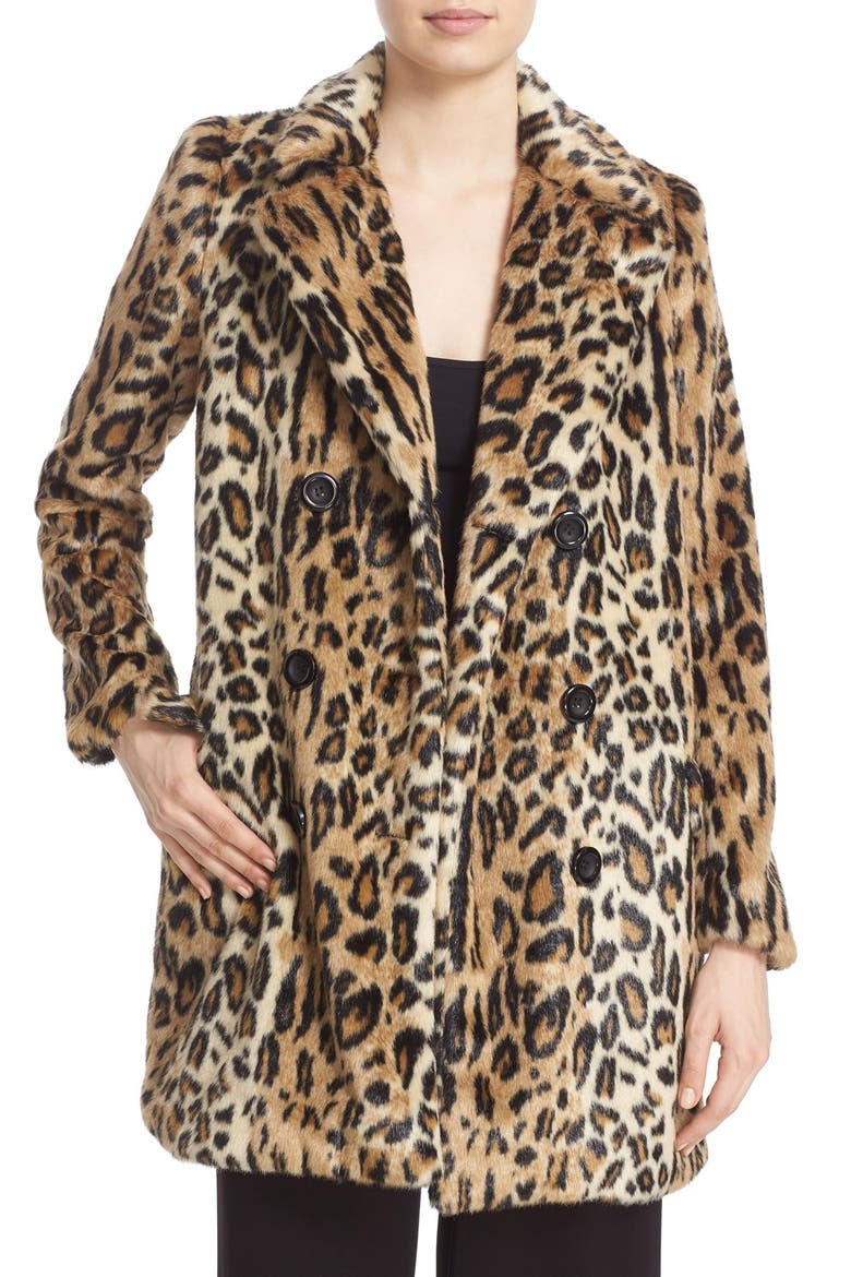 'Montana' Leopard Print Faux Fur Double Breasted Coat, Main, color, BROWN MULTI