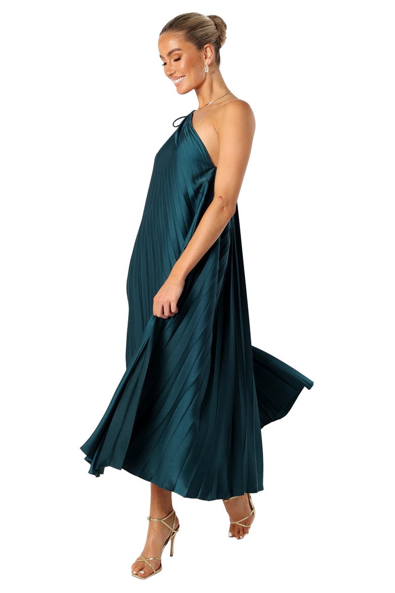 Selena Pleated One-Shoulder Dress, Alternate, color, EMERALD