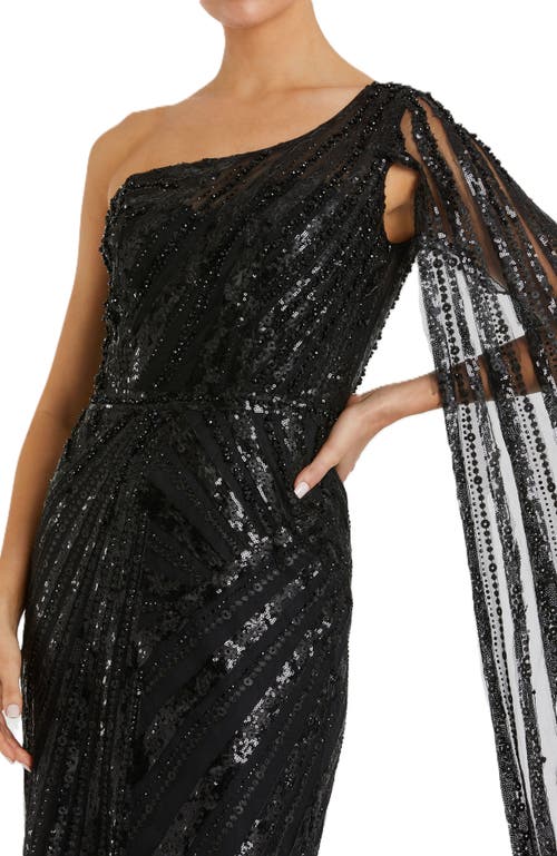 Mac Duggal One Shoulder Cape Sleeve Embellished Gown In Black