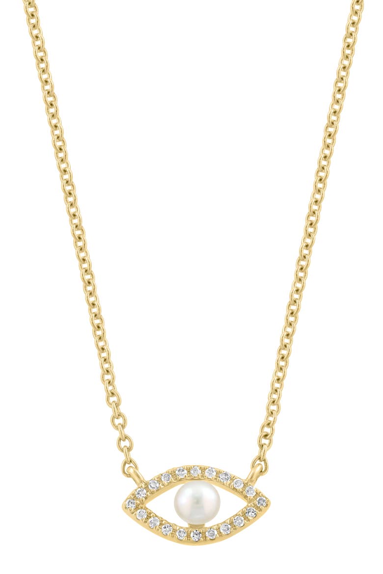 Diamond & Freshwater Pearl Evil Eye Pendant Necklace, Main, color, WHITE