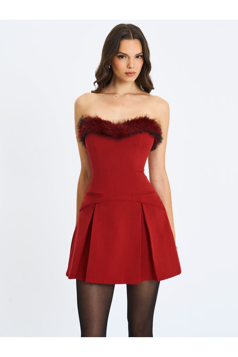 Nalia Faux Fur Trimmed Sweetheart Mini Dress, Alternate, color, Crimson