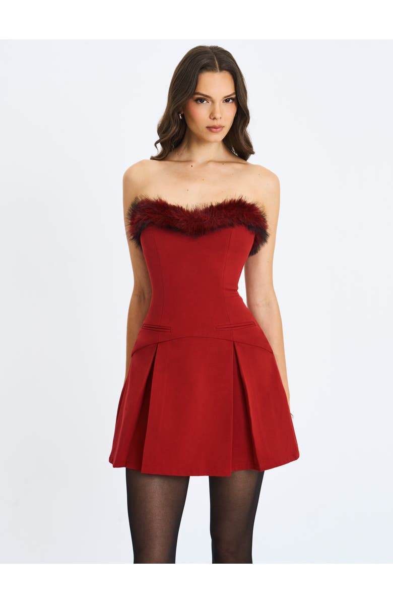 Miss Circle Nalia Faux Fur Trimmed Sweetheart Mini Dress, Alternate, color, Crimson