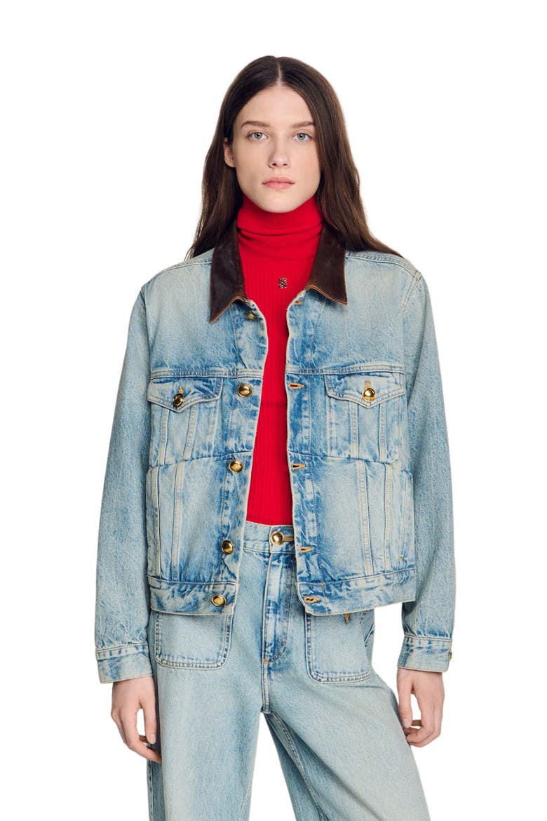 Denim jacket with leather collar, Main, color, Blue jean