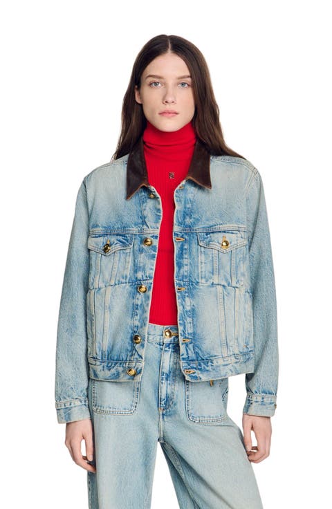 Denim jacket with leather collar