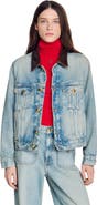 SANDRO Denim jacket with leather collar