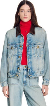 SANDRO Denim jacket with leather collar