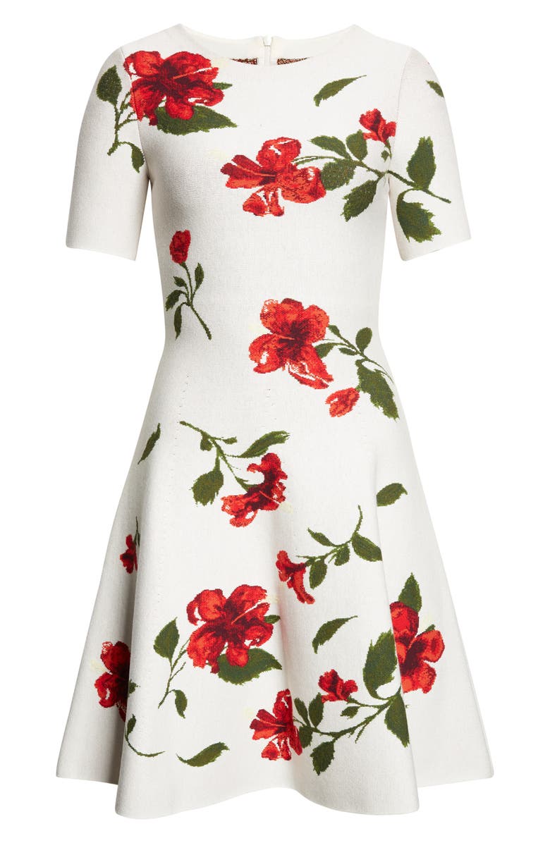 Oscar de la Renta Hibiscus Jacquard Sweater Dress, Alternate, color, Red/ Ecru