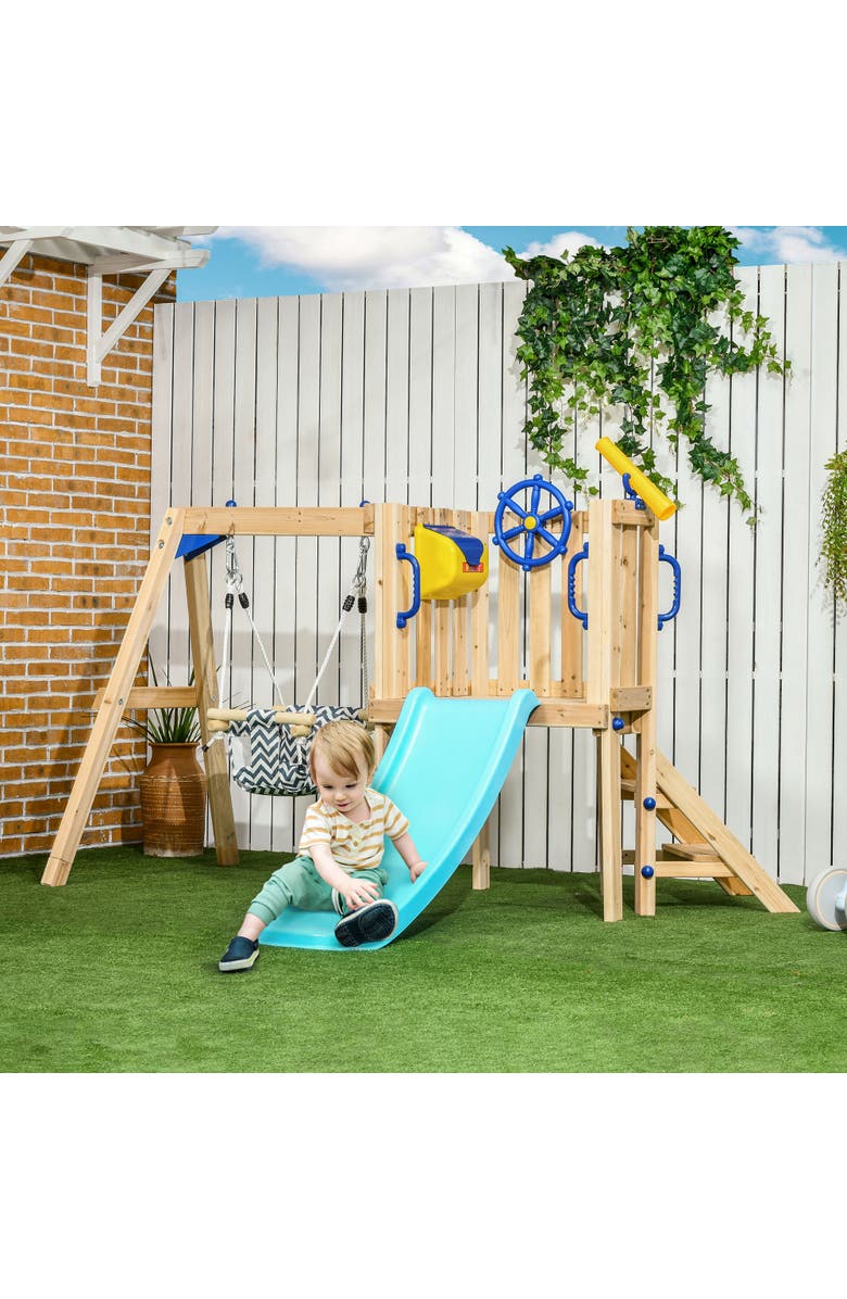 Outsunny Wooden Outdoor Playset with Swing, Slide & Telescope, Alternate, color, 