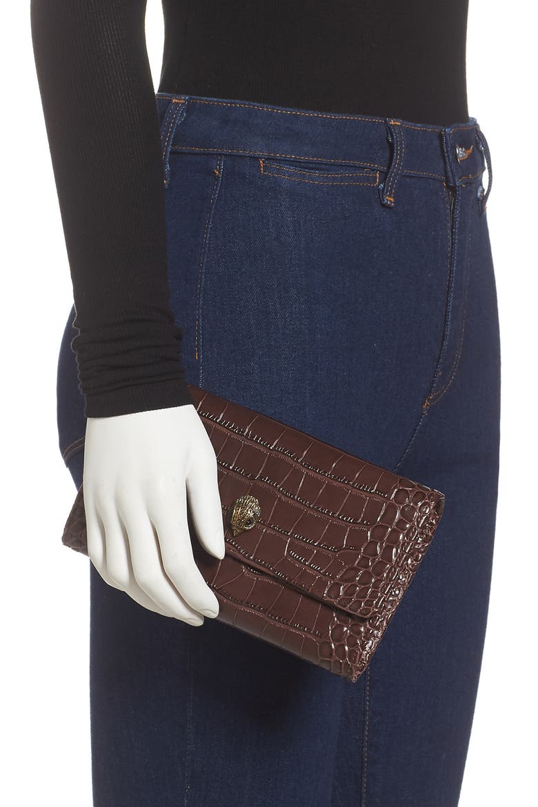 Kensington Croc Embossed Leather Wallet on a Chain, Alternate, color, DARK BROWN